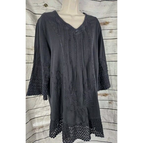 Gretty Zueger Black Top 1X Soutache Embroidery Crochet Boho 100% Cotton … - Picture 2 of 7